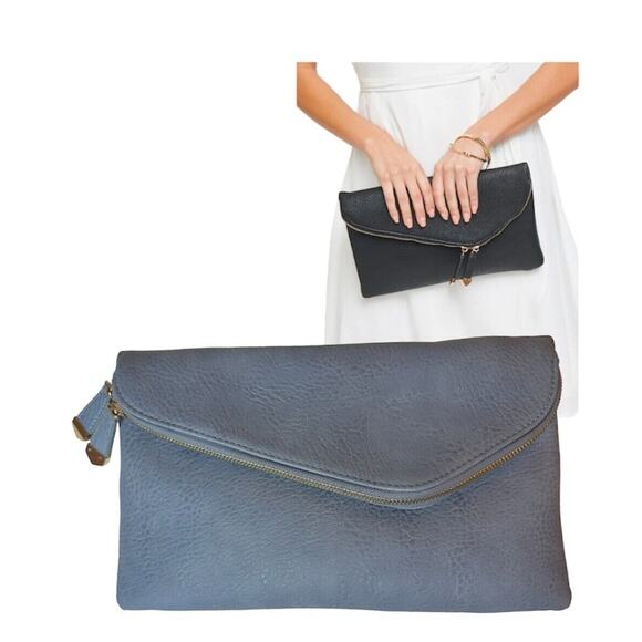 Urban Expressions Stella Dusty Blue Pebble Vegan Striped Interior Leather Clutch - Picture 1 of 16